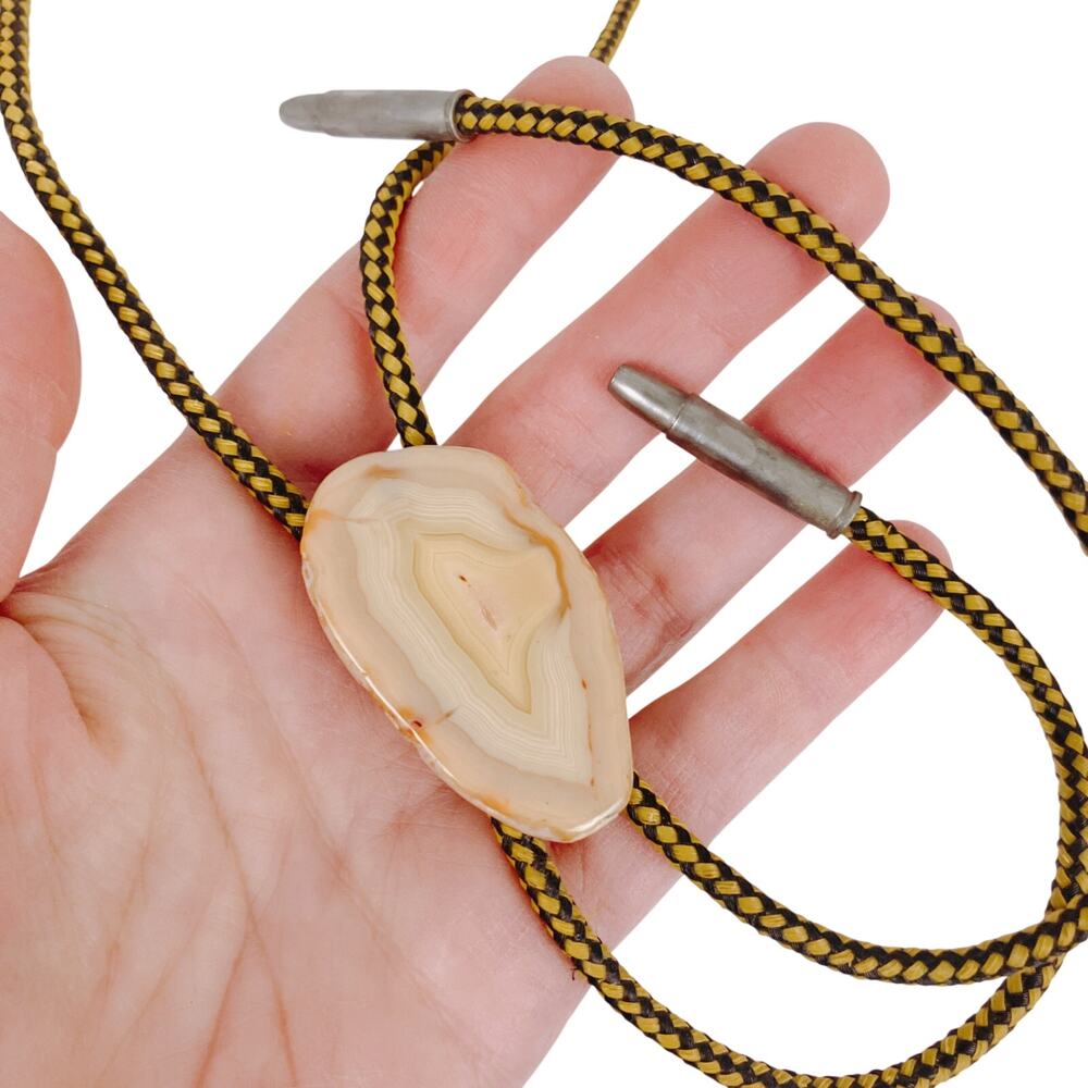 Vintage Agate Gemstone Bolo Tie Black Gold Cord Silver Tone Tips Western 60s 70s